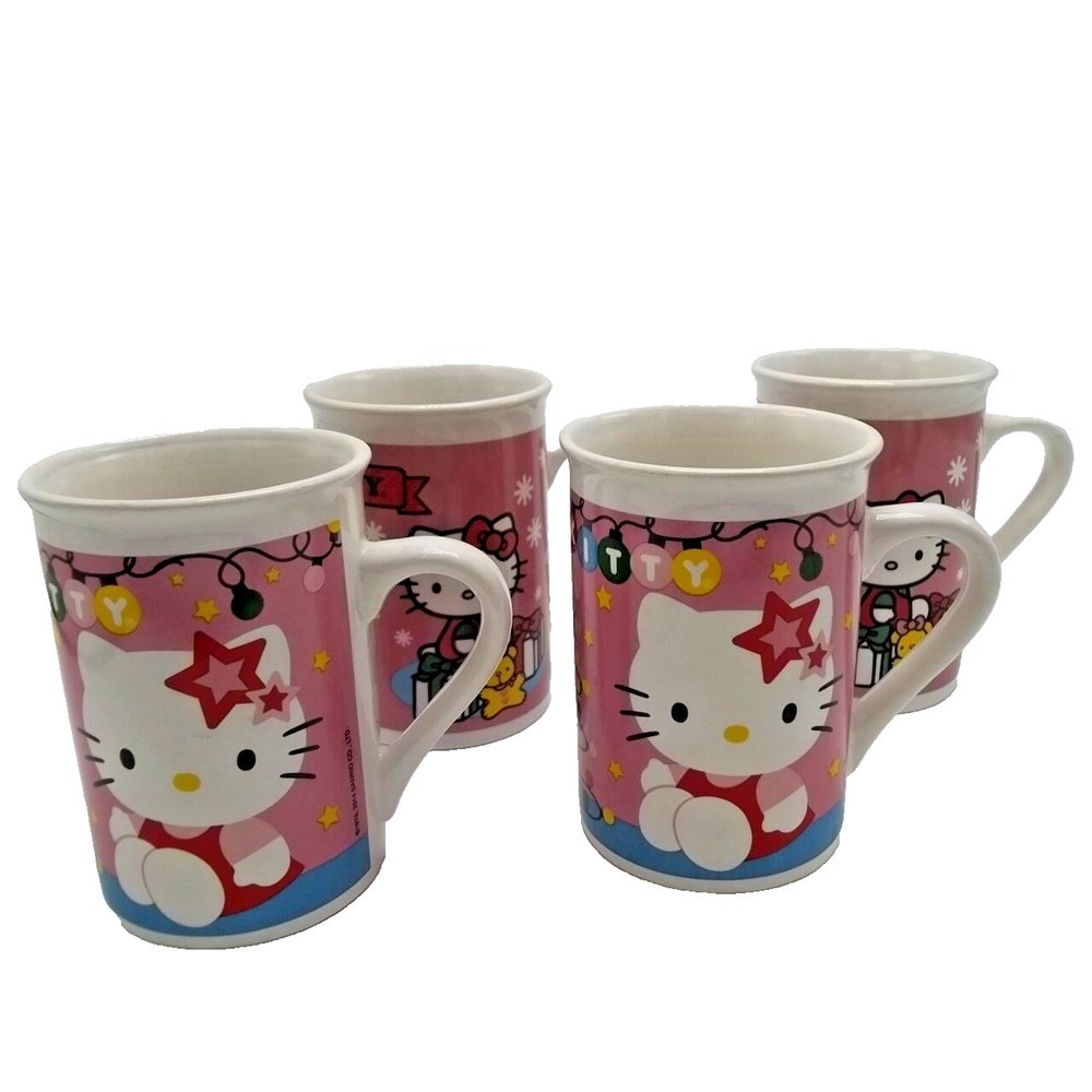 Hello Kitty Mug Ceramic Coffee Cup Pink Lot 4‎ Sanrio 2014 Christmas Lights Tree